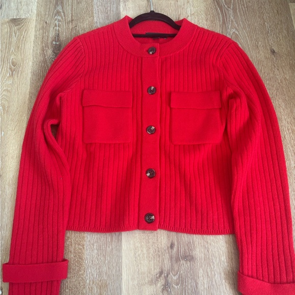 Ann Taylor Ribbed Sweater Jacket Iconic Red Size Medium Fall 2025 Collection - Picture 2 of 10